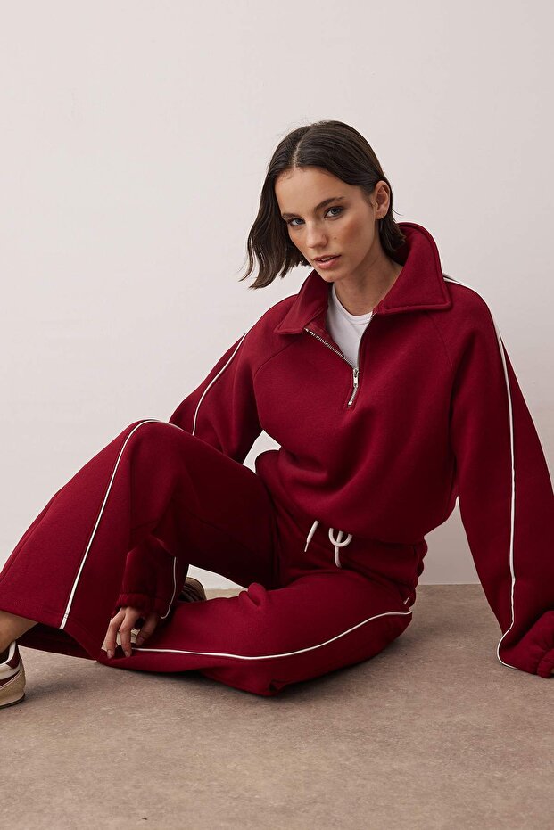 Bordo Relaxed/Rahat Kalıp Wideleg/Geniş Paça Örme Eşofman Takımı TWOAW26EM00017 - 2