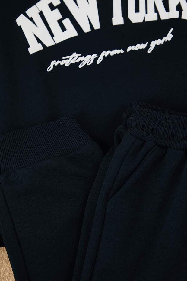 Lacivert Pamuklu Slogan Baskılı Kız Çocuk Örme Sweatshirt ve Eşofman Alt-Üst Takım TKDAW25AU00038 - 3