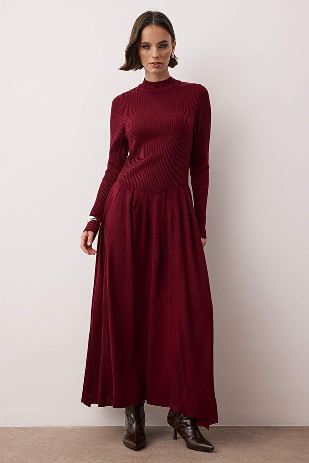 Bordo Dik Yaka Triko Elbise TCTAW26EB00048 - 1