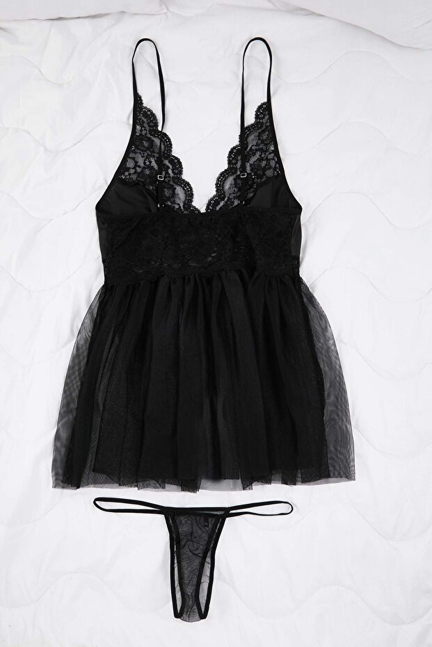 Siyah Kapsız Dantelli Tül/Mesh Büyük Beden Babydoll/Fantezi Gecelik TBBAW26DH00003 - 5