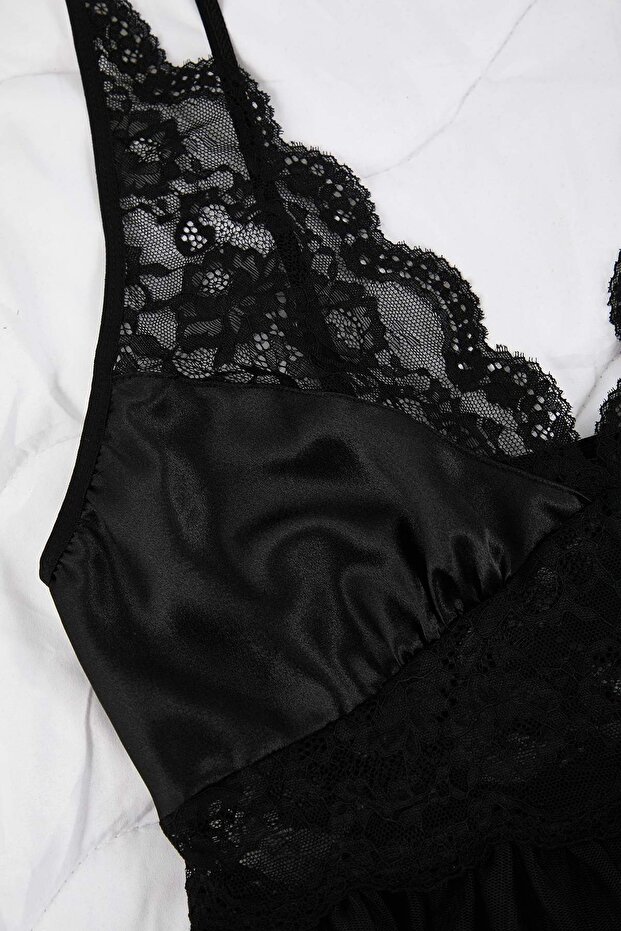Siyah Kapsız Dantelli Tül/Mesh Büyük Beden Babydoll/Fantezi Gecelik TBBAW26DH00003 - 4