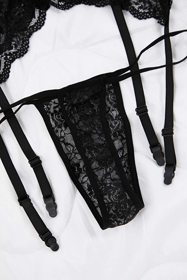 Siyah Jartiyerli Kapsız Fırfırlı Külotlu Dantel Askılı Babydoll/Fantezi Gecelik TBBAW26CS00007 - 3
