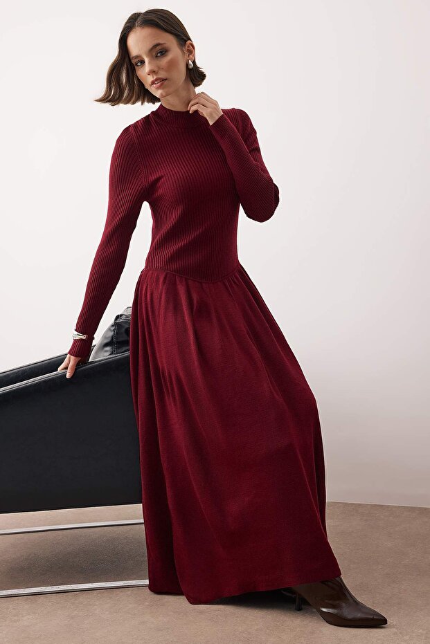 Bordo Dik Yaka Triko Elbise TCTAW26EB00048 - 2