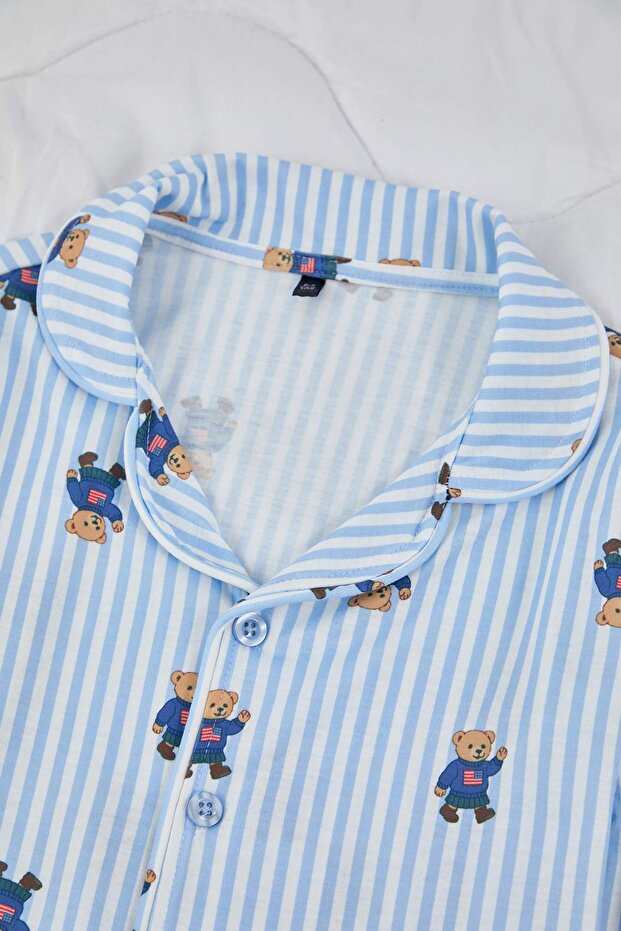 Mavi Yumuşak Dokulu Unisex Çocuk Desenli Gömlek Yaka Regular Örme Pijama Takımı TKDAW26PT00017 - 4