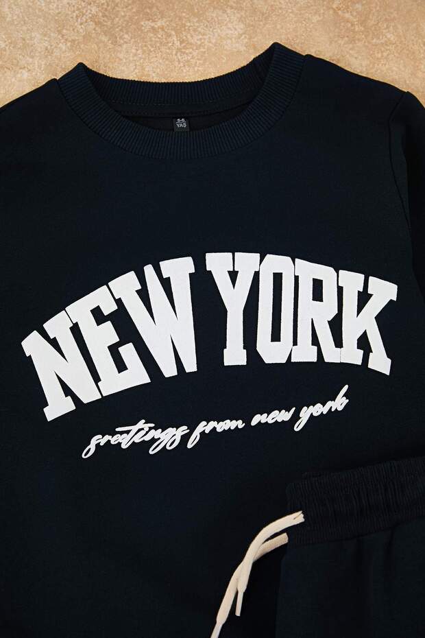 Lacivert Pamuklu Slogan Baskılı Kız Çocuk Örme Sweatshirt ve Eşofman Alt-Üst Takım TKDAW25AU00038 - 2