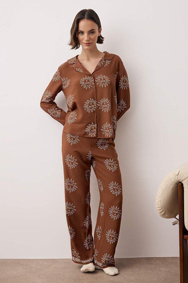Kahverengi Galaksi Viskon Dokuma Pijama Takımı THMAW25PT00034 - 2