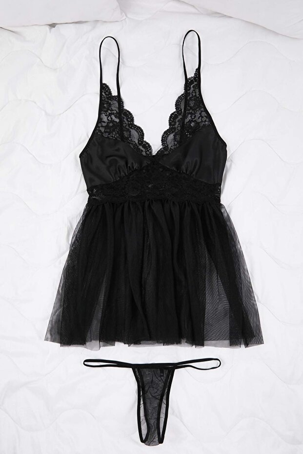Siyah Kapsız Dantelli Tül/Mesh Büyük Beden Babydoll/Fantezi Gecelik TBBAW26DH00003 - 2