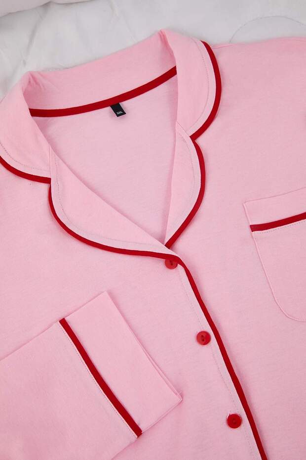 Pembe Biye Detaylı Gömlek Yaka Örme Pijama Takımı TBBAW26AI00032 - 4