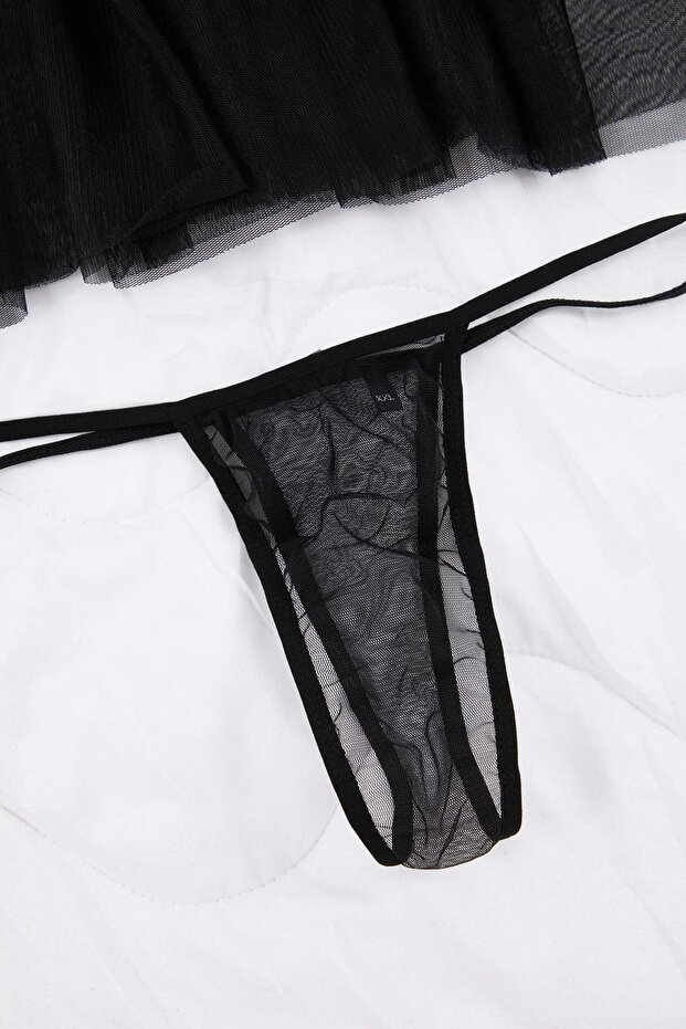 Siyah Kapsız Dantelli Tül/Mesh Büyük Beden Babydoll/Fantezi Gecelik TBBAW26DH00003 - 3