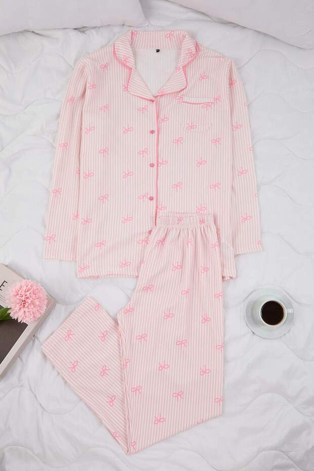 Pembe Kurdele Desenli Büyük Beden Pijama Takımı TBBAW26AI00055 - 2