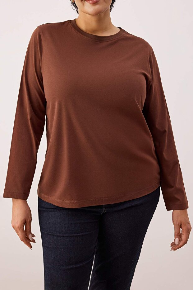 Kahverengi %100 Pamuk Uzun Kollu Bisiklet Yaka Regular Basic Örme Büyük Beden T-Shirt TBBAW26BF00000 - 3