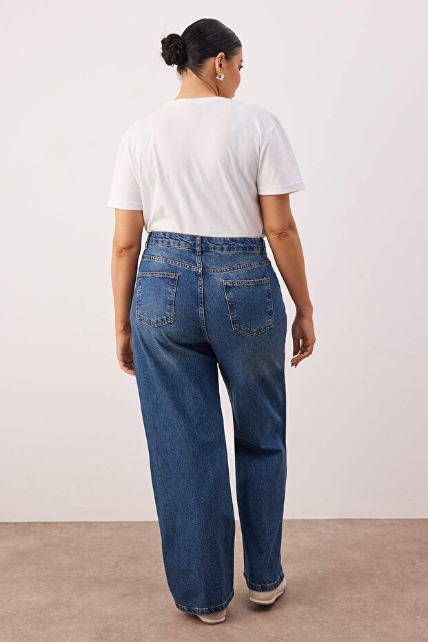 Mavi Yüksek Bel Geniş Paça Denim Büyük Beden Jeans TBBSS24CJ00028 - 4