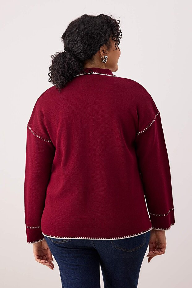 Bordo Polo Yaka Nakışlı/İşlemeli Triko Hırka TBBAW26AV00021 - 4
