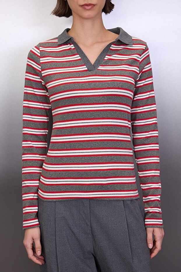 Antrasit Çizgili Polo Yaka Fitted/Vücuda Oturan Örme Bluz TWOAW26BZ00034 - 3