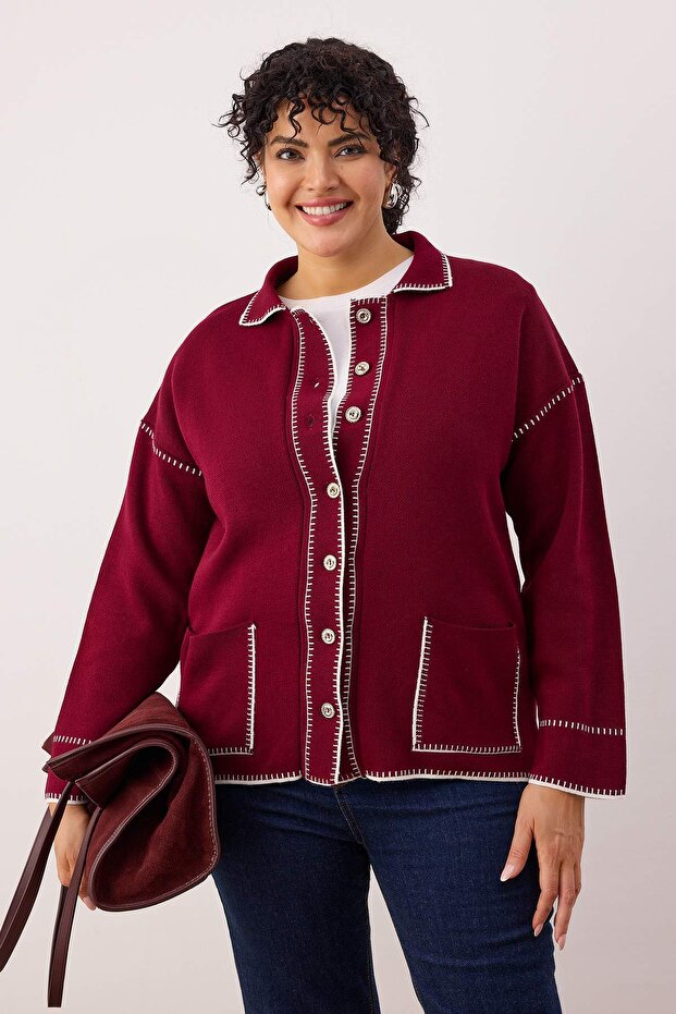 Bordo Polo Yaka Nakışlı/İşlemeli Triko Hırka TBBAW26AV00021 - 1