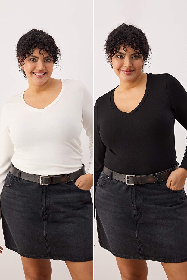 Schwarz-Ecru 2er-Pack Basic-Bluse aus weichem, geripptem Viskose-Strick in Übergröße TBBAW26AF00107 - 1