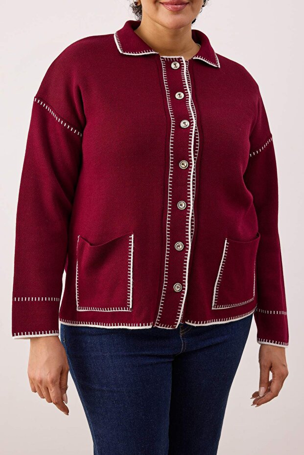 Bordo Polo Yaka Nakışlı/İşlemeli Triko Hırka TBBAW26AV00021 - 3