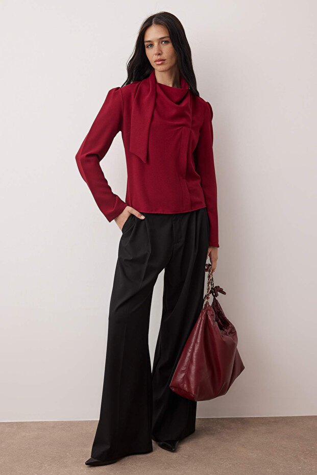 Bordo Şal Detaylı Degaje Yaka Dokuma Bluz TWOAW26BZ00284 - 2
