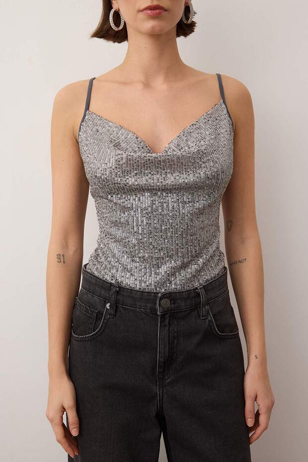 Antrasit Degaje Yaka Askılı Örme Payet Çıtçıtlı Body TPRAW26BD00030 - 3