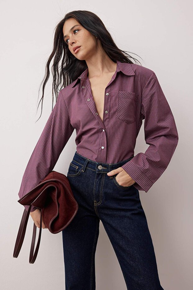 Bordo-Çok Renkli Kareli Vatkalı Geniş Manşetli Oversize Gömlek TWOAW26GO00127 - 1