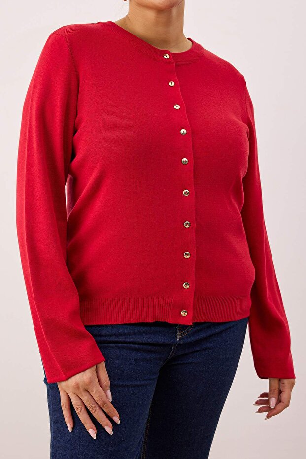 Wardrobe Essentials Kırmızı Düğme Detaylı Pamuklu Basic Triko Hırka TBBAW26AV00042 - 3