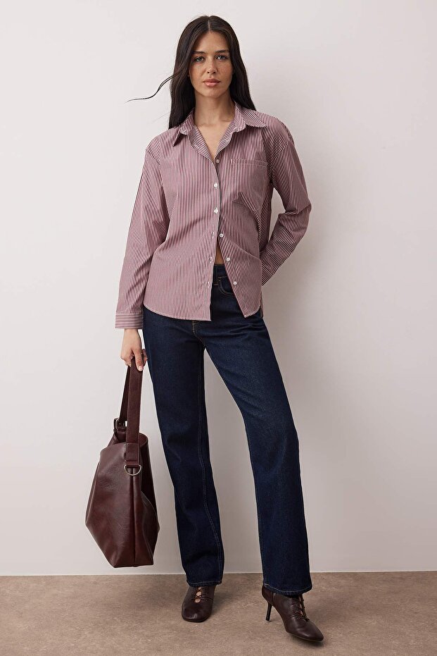 Bordo Çizgili Oversize/Geniş Kalıp Gömlek TWOAW26GO00126 - 2