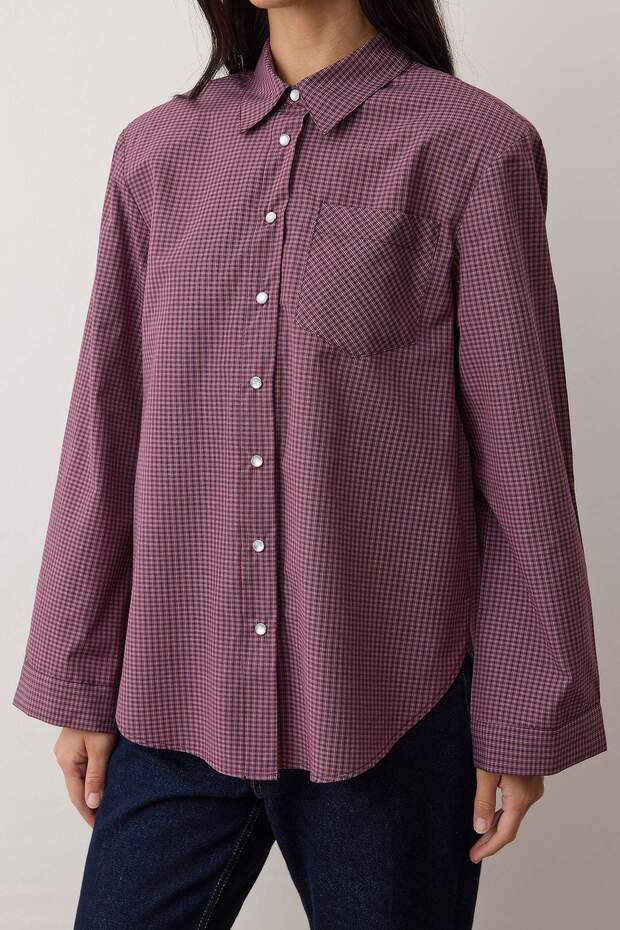 Bordo-Çok Renkli Kareli Vatkalı Geniş Manşetli Oversize Gömlek TWOAW26GO00127 - 3
