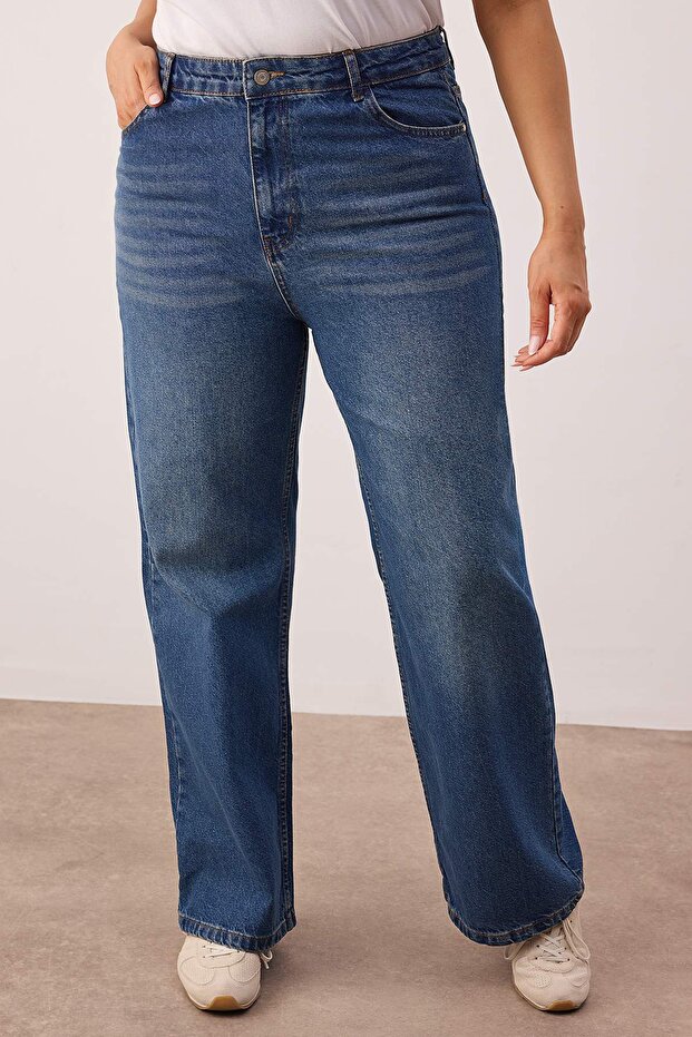 Mavi Yüksek Bel Geniş Paça Denim Büyük Beden Jeans TBBSS24CJ00028 - 3