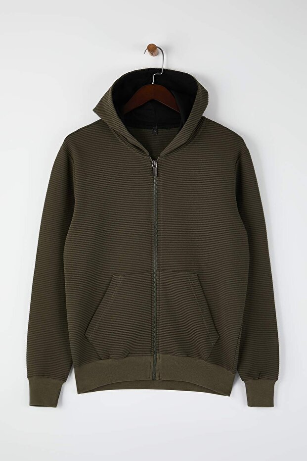 Haki Regular/Normal Kesim Fermuarlı Kapüşonlu Dokulu Sweatshirt TMNAW26SW00067 - 5