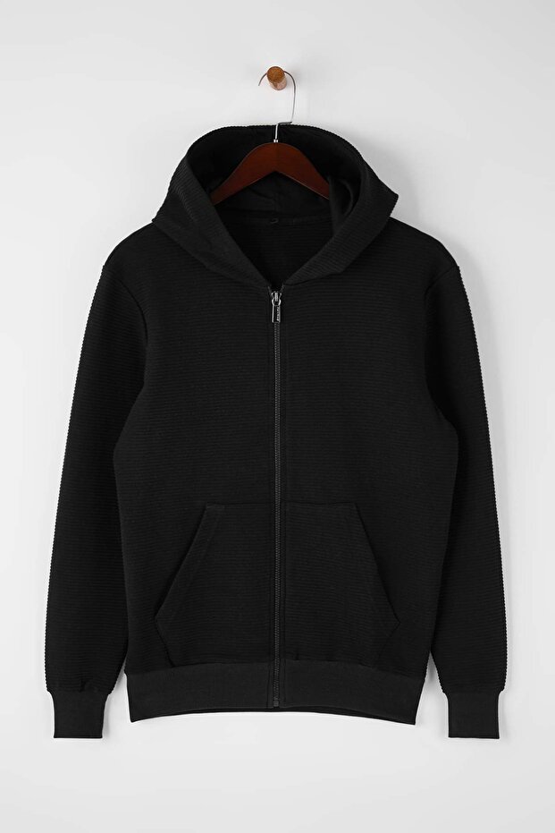 Siyah Regular/Normal Kesim Fermuarlı Kapüşonlu Dokulu Sweatshirt TMNAW26SW00067 - 5