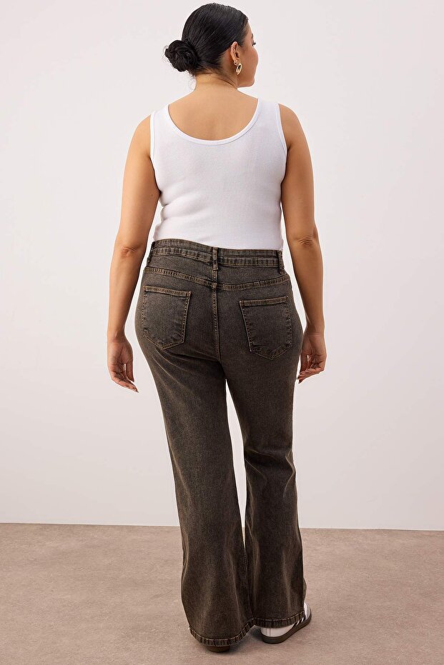 Özel Koleksiyon Kahverengi Yüksek Bel Nervürlü İspanyol Paça Büyük Beden Flare Jeans TBBAW26CJ00013 - 4