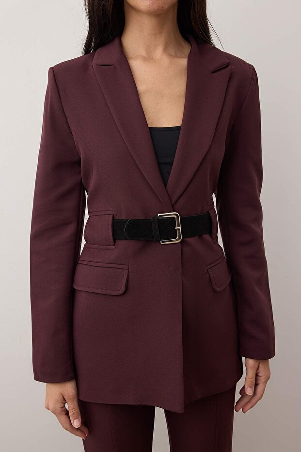 Mürdüm Kemerli Fitted/Vücuda Oturan Dokuma Blazer Ceket TWOAW26BC00068 - 3