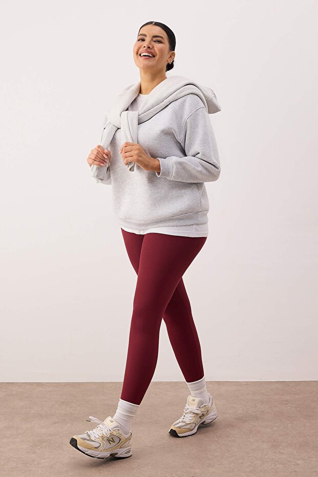 Bordo Soft Fırçalı Kumaş Reflektör Baskı Detaylı Tam Boy Örme Spor Tayt TBBAW26BV00007 - 2