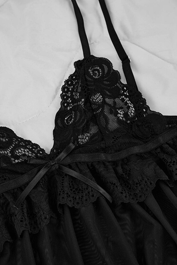 Siyah Tül Kurdele/Fiyonk ve Dantel Detaylı Kapsız Külotlu Babydoll/Fantezi Gecelik THMAW26LL00007 - 7