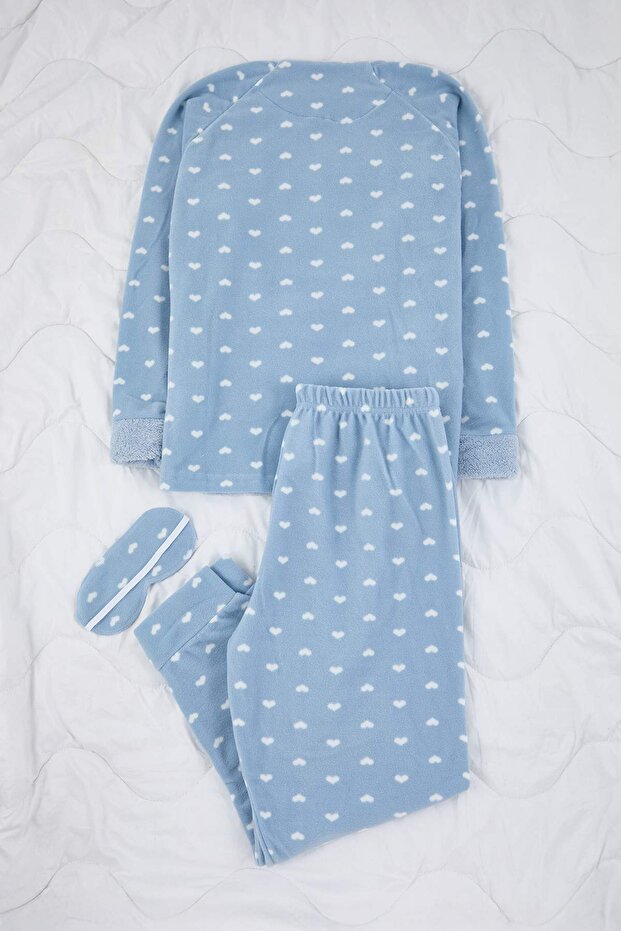 Blaues 3-teiliges Herren-Schlafband-Fleece-Winter-Strickpyjama-Set mit Herzmuster THMAW21PT0666 - 10