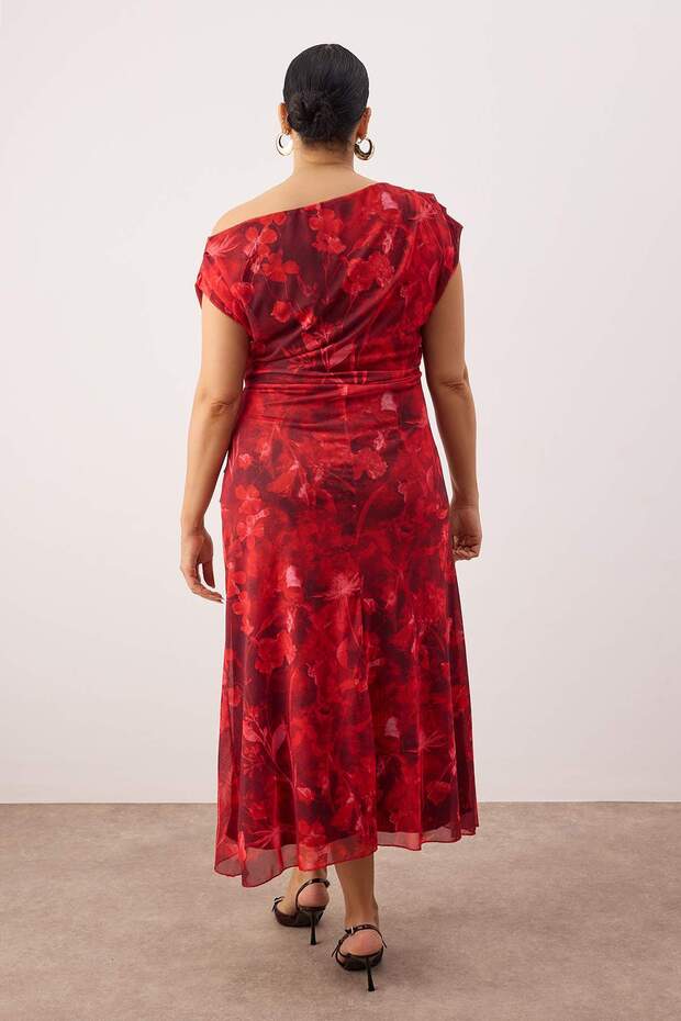 Kırmızı-Çok Renkli Midi Bodycone Tül Örme Büyük Beden Elbise TBBSS25AH00249 - 4