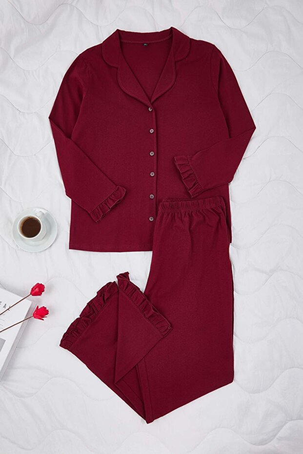Bordo Gömlek Yaka Volan Detaylı Örme Pijama Takımı TBBAW25AI00056 - 3