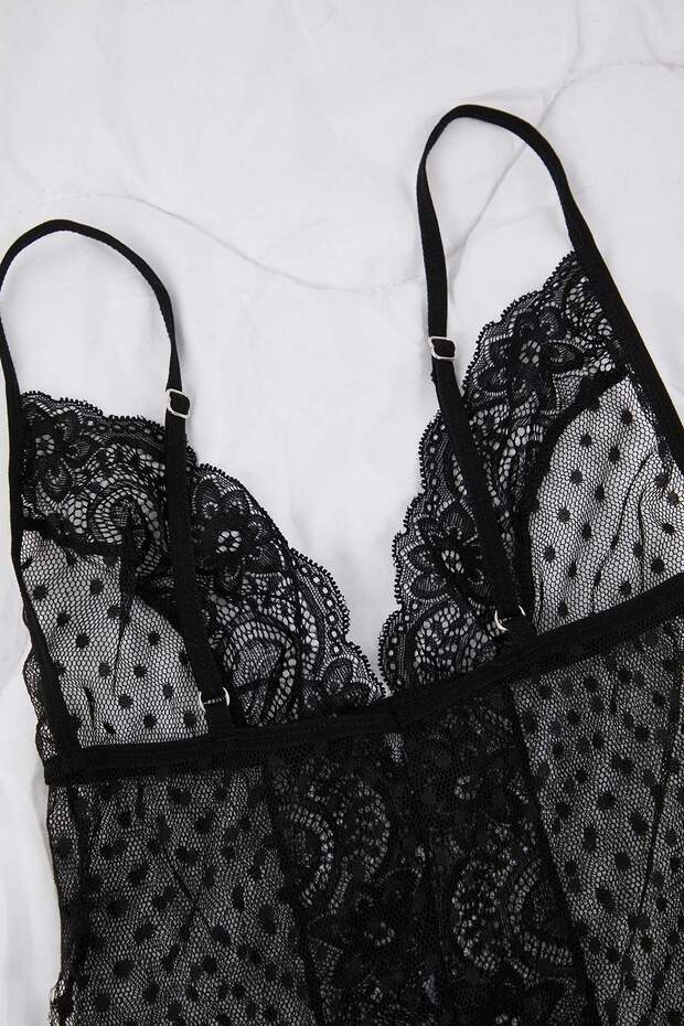 Siyah Tül Fitted Puantiyeli Body THMAW26BD00021 - 7