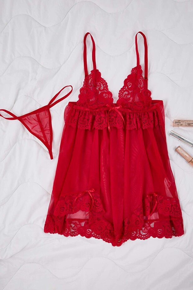 Kırmızı Tül Kurdele/Fiyonk ve Dantel Detaylı Kapsız Külotlu Babydoll/Fantezi Gecelik THMAW26LL00007 - 5