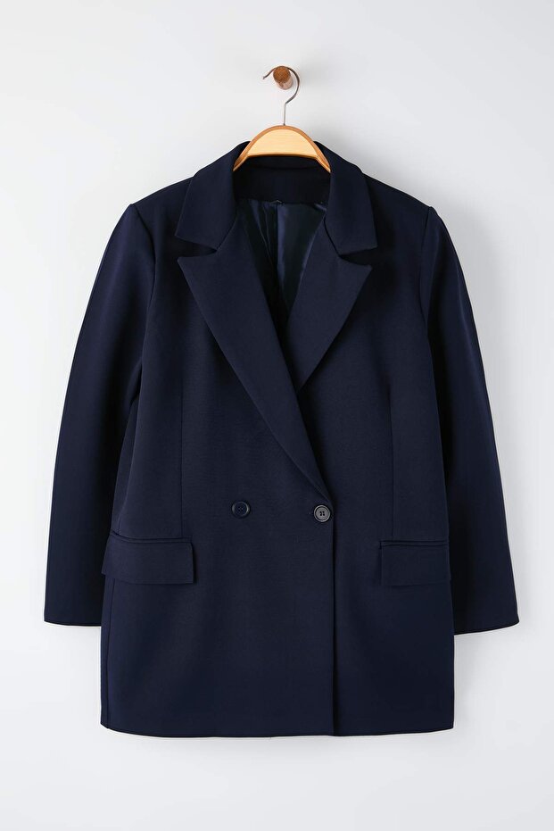 Granatowy regularny dwurzędowy płaszcz z podszewką, tkanina, duże rozmiary TBBAW25AG00022 - 5