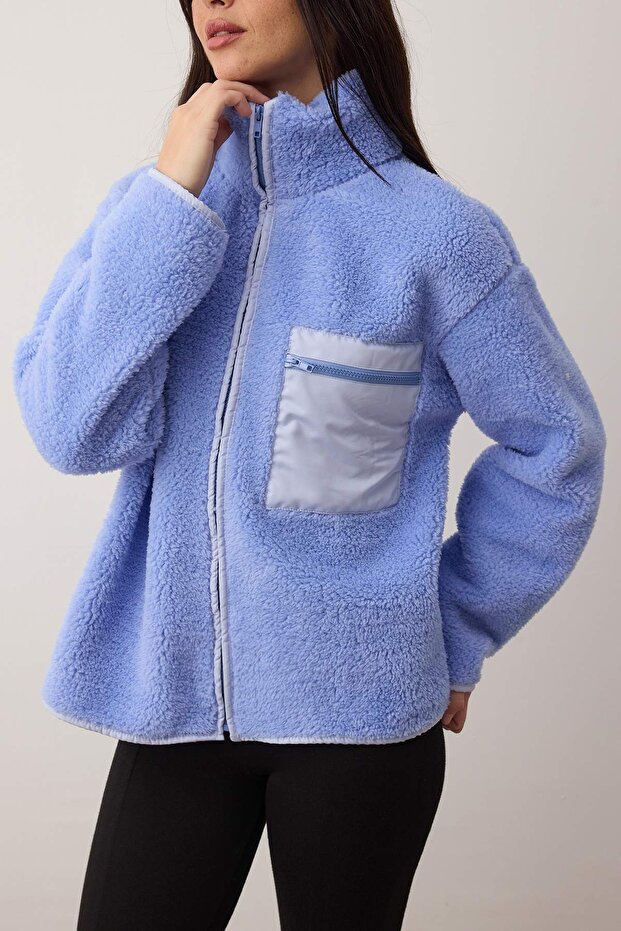 Winter Essentials Mavi Polar Fermuarlı Dik Yaka Cep Detaylı Örme Sweatshirt TWOAW24SW00071 - 3