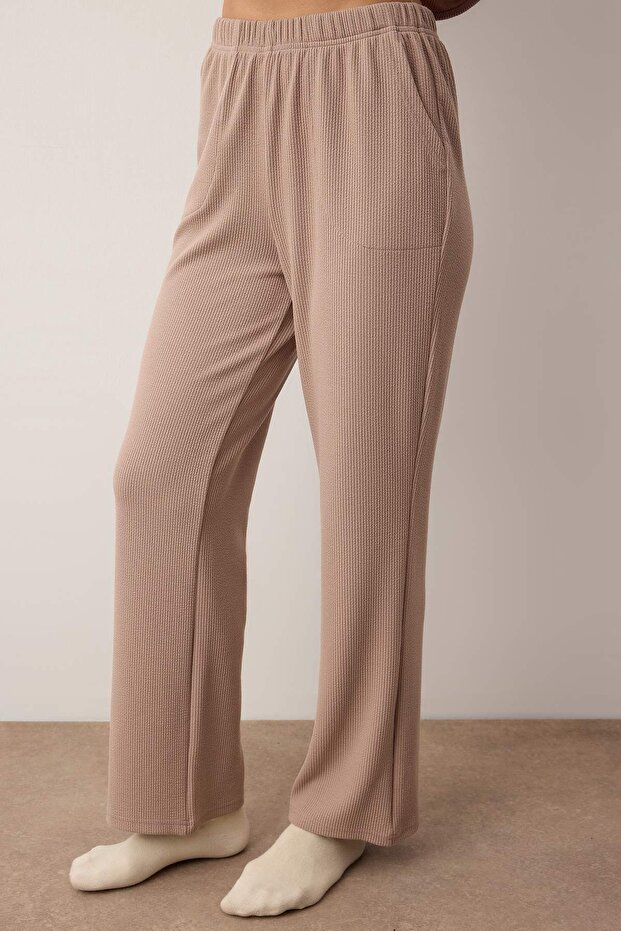 Bej Fırfırlı Nakışlı Fitilli Örme Pijama Takımı THMAW26PT00224 - 3