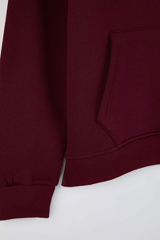 Bordo Oversize/Geniş Kesim Sırtı Nakış Detaylı Kapüşonlu Sweatshirt TMNAW25SW00142 - 11