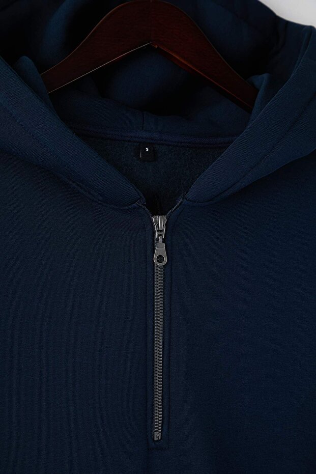 Lacivert Oversize/Geniş Kesim Fermuarlı Kapüşonlu İçi Polarlı Basic Sweatshirt TMNAW25SW00050 - 7