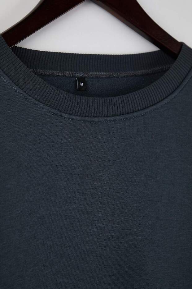 Antrasit Kalın İçi Polarlı Bisiklet Yaka Crop Örme Sweatshirt TWOAW26SW00093 - 7