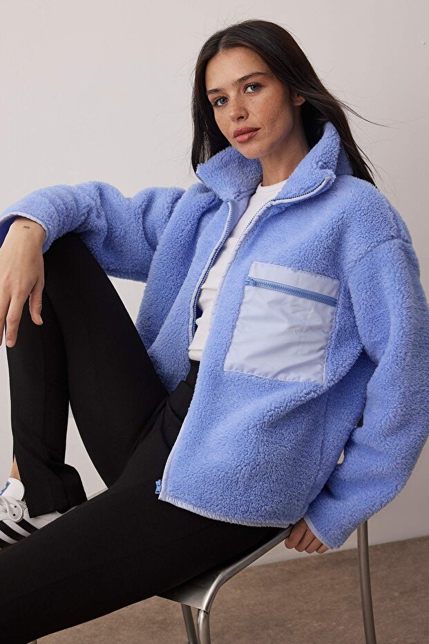Winter Essentials Mavi Polar Fermuarlı Dik Yaka Cep Detaylı Örme Sweatshirt TWOAW24SW00071 - 1