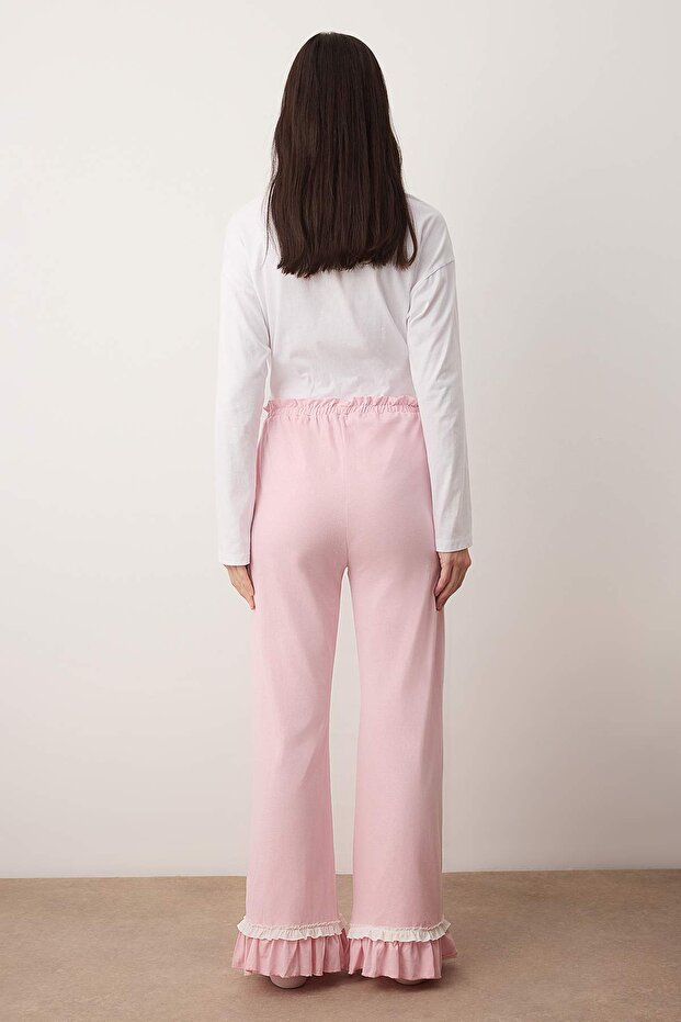 Pembe-Mavi 2'li %100 Pamuklu Fırfırlı Örme Pijama Altı THMAW26PJ00002 - 5