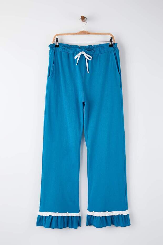Pembe-Mavi 2'li %100 Pamuklu Fırfırlı Örme Pijama Altı THMAW26PJ00002 - 7