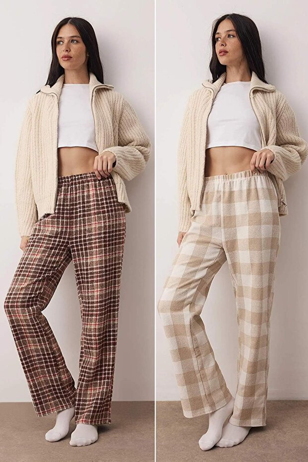 Kahverengi-Çok Renkli 2'li Pamuklu Ekoseli Flanel Dokuma Pijama Altı THMAW26PJ00007 - 1
