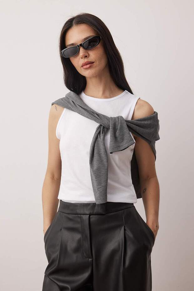 Gri Çift Katlı Regular/Normal Kalıp Örme Bluz TWOAW26BZ00332 - 3